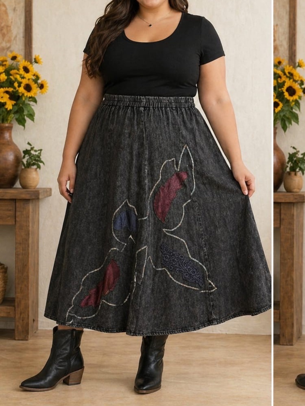 Dark Washed A-Line Midi Skirt with Color Patch Accents (brand Carreli )